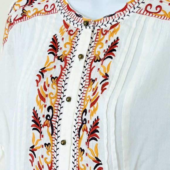 Boho Blouse Piper & Scoot L Cream Cotton Embroidered Floral Trim Buttons Popover - Picture 4 of 8